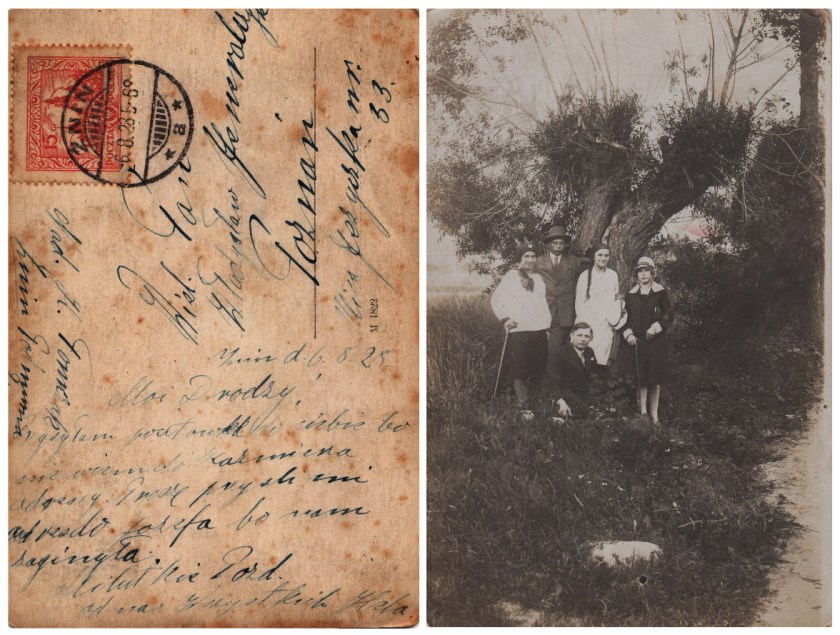 Żnin d. 6.8.25, Moi Drodzy, Przesyłam Pocztówkę do Ciebie bo nie mam do Kazimierza adresu. Proszę prześlij mi adres do Józefa bo nam zginęła. Milutkie Pozdr. od nas wszystkich Hela Nad. H. Tomczak, Żnin, Podmurna 2